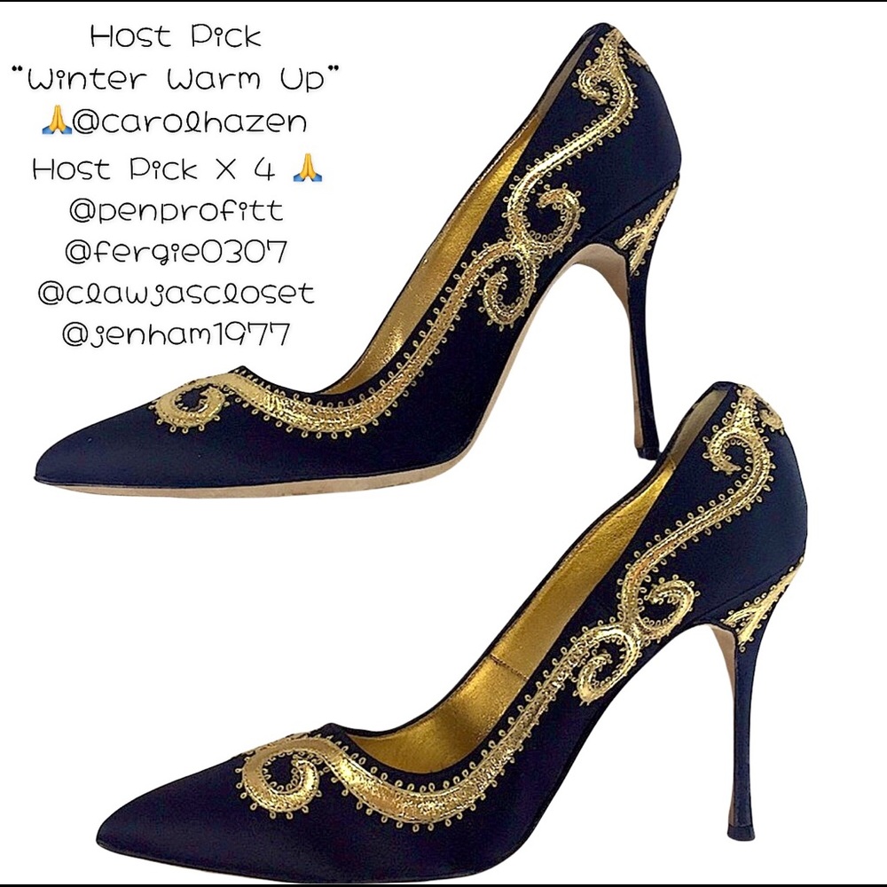 Manolo Blahnik black high heels stilettos beautiful intricate gold trim - Picture 1 of 8
